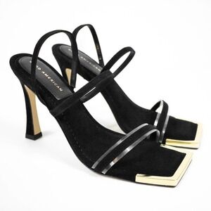 Good American Black Suede Strappy Slingback High‎ Heels Square Toe Womens 10